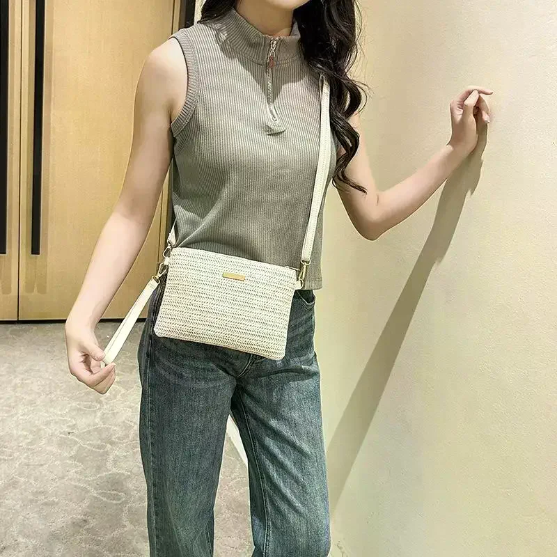 Hand Woven Straw Crossbody Bag Casual Beach Clutch Large Capacity Shoulder Strap Phone Bag