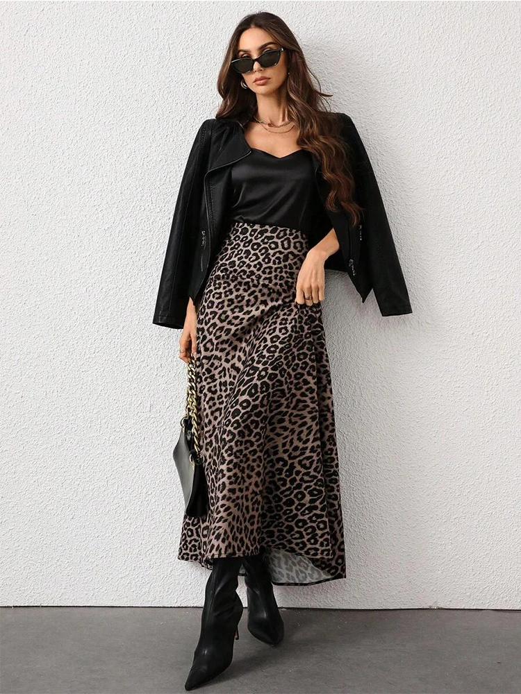 

Leopard high waisted A-line skirt for autumn and winter, hanging mid length skirt, versatile for daily outings