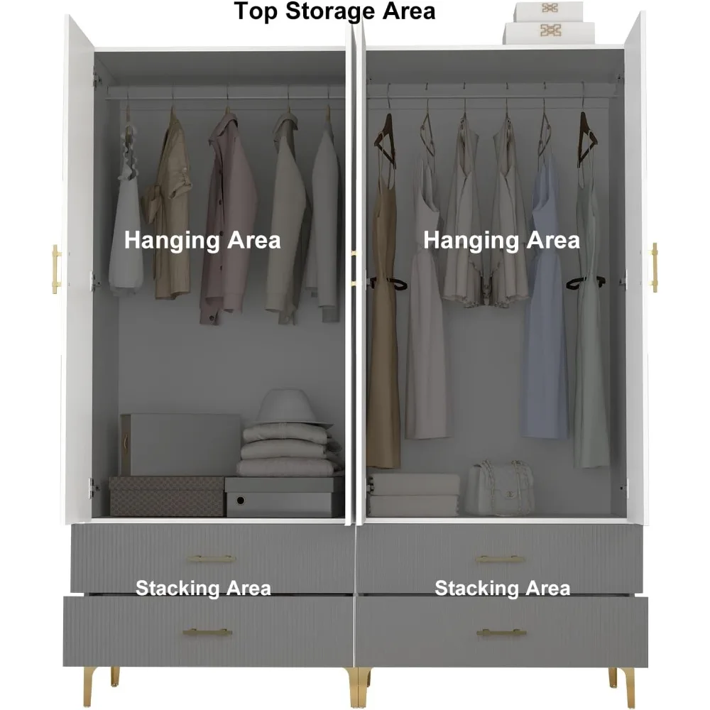 Wardrobe Armoire with 4 Drawers, 4 Doors and 2 Hanging Rods, Twill Wooden Closet Storage with Metal Cabinet Legs