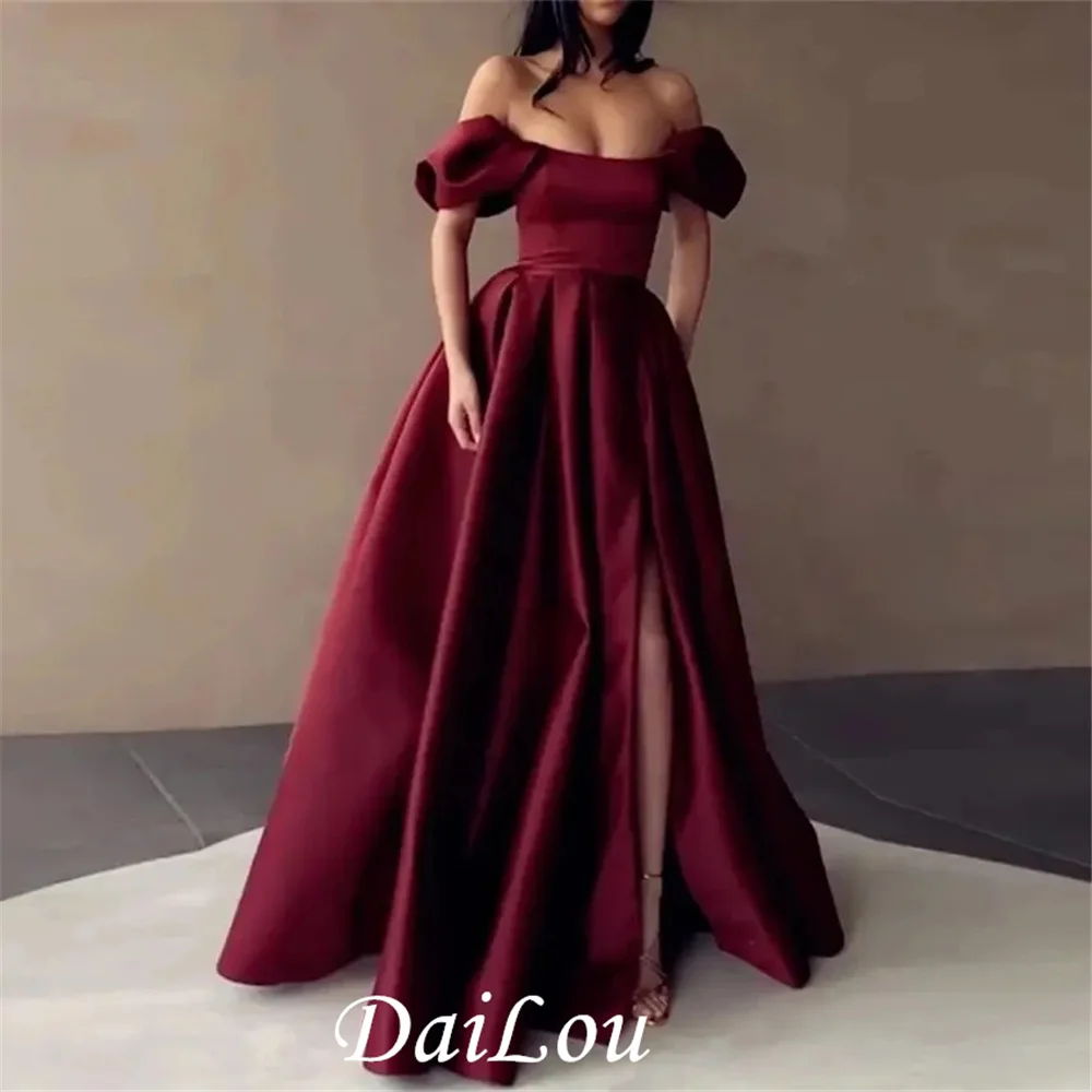 فساتين السهرة Off the Shoulder A Line Burgundy Satin Ball Gown Evening Dresses Custom Made Formal Gowns