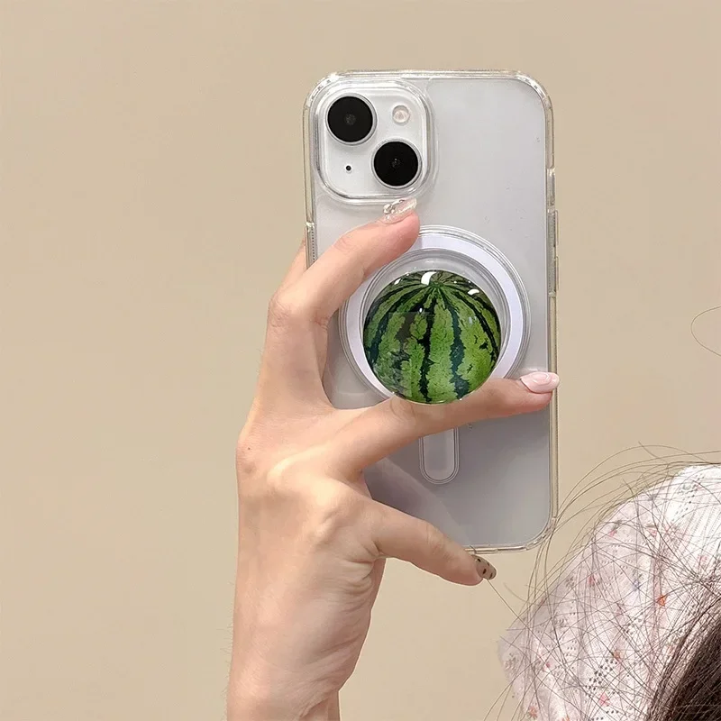 Round 3D Crystal Glass Fruit Magnetic Phone Holder For Magsafe Strawberry Lemon Watermelon Peach Grip Talk For iPhone 17 Samsung