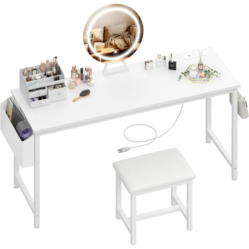 Lighted Mirror - 47“ White Vanity Desk with Mirror and Lights & Chair, Makeup Vanitys Set with Power Outlet