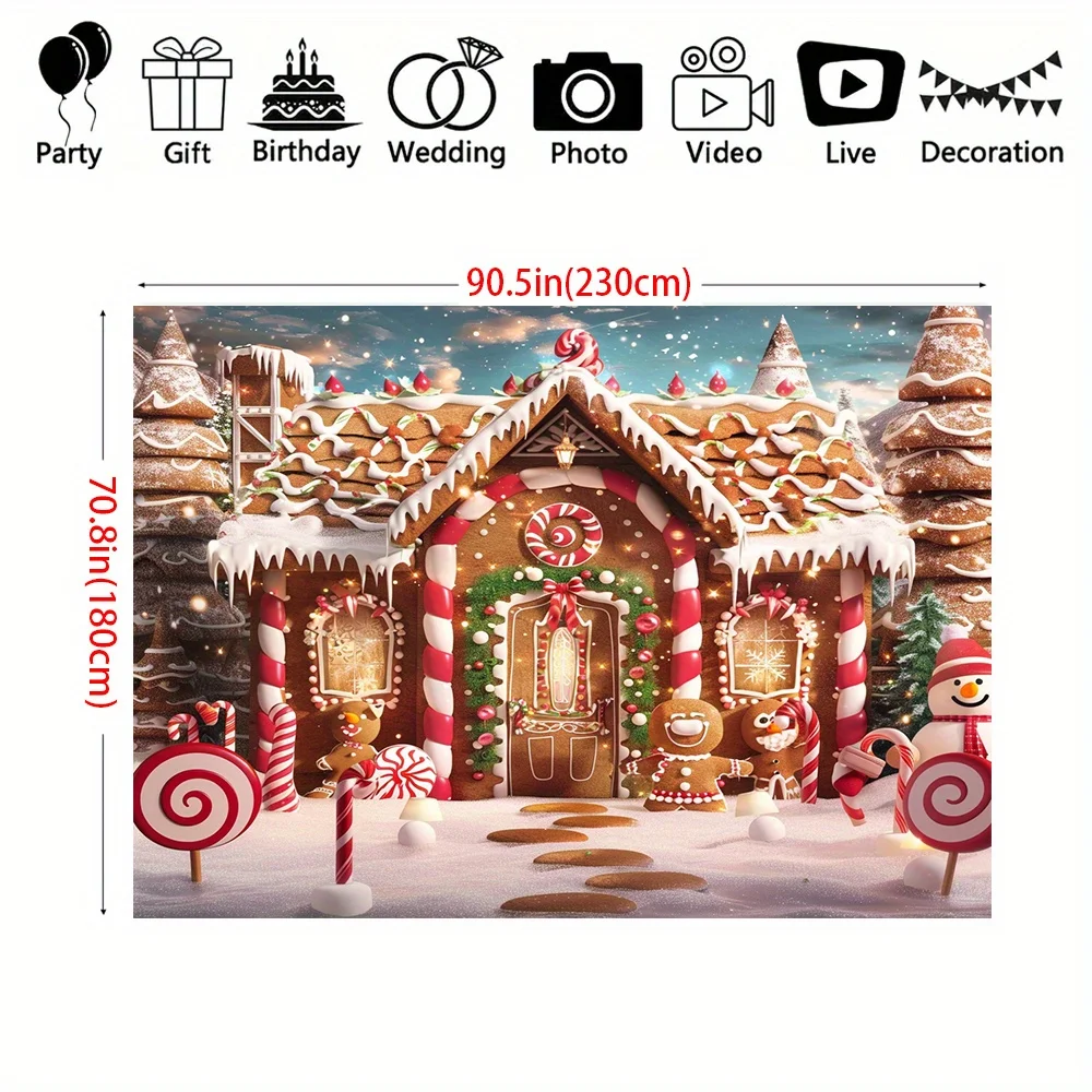 Merry Christmas gingerbread House with Snowy Tree Background cloth - Polyester party decoration, photography background banner