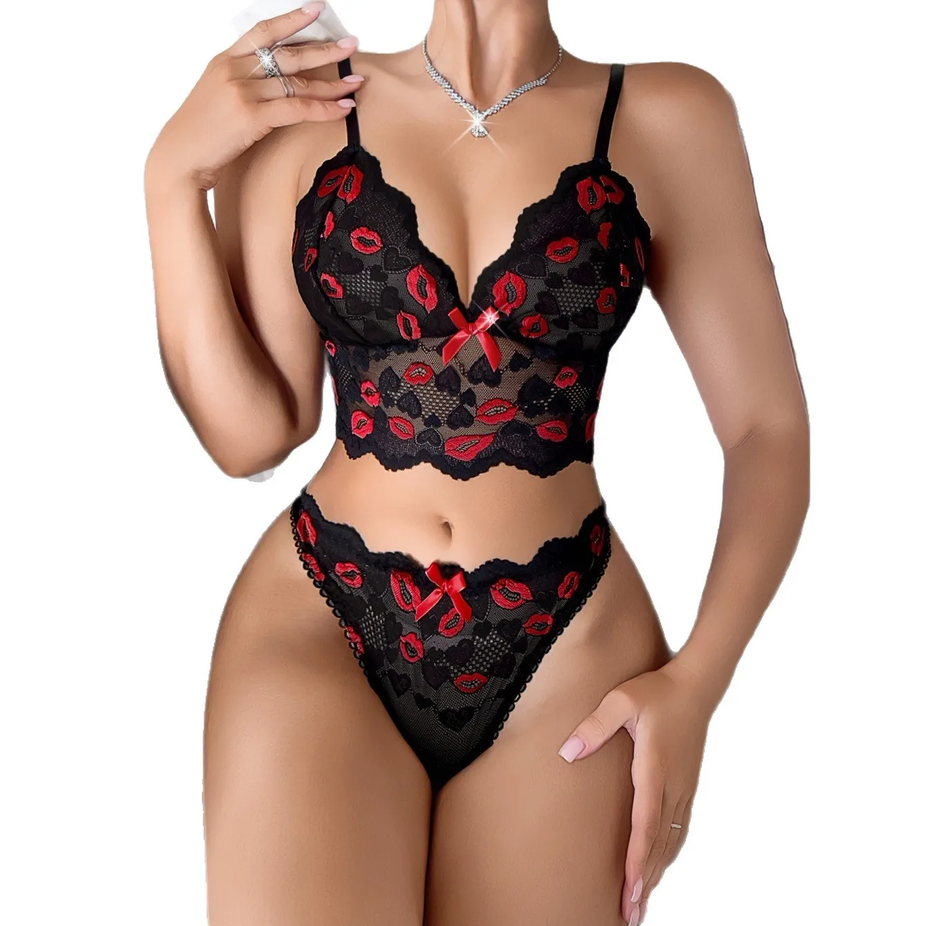 

Sexy lace lingerie erotic red see-through bra Women's Red Print Sheer Lace Lingerie Scallop Trim Bra Top Thong Outfit M9XH