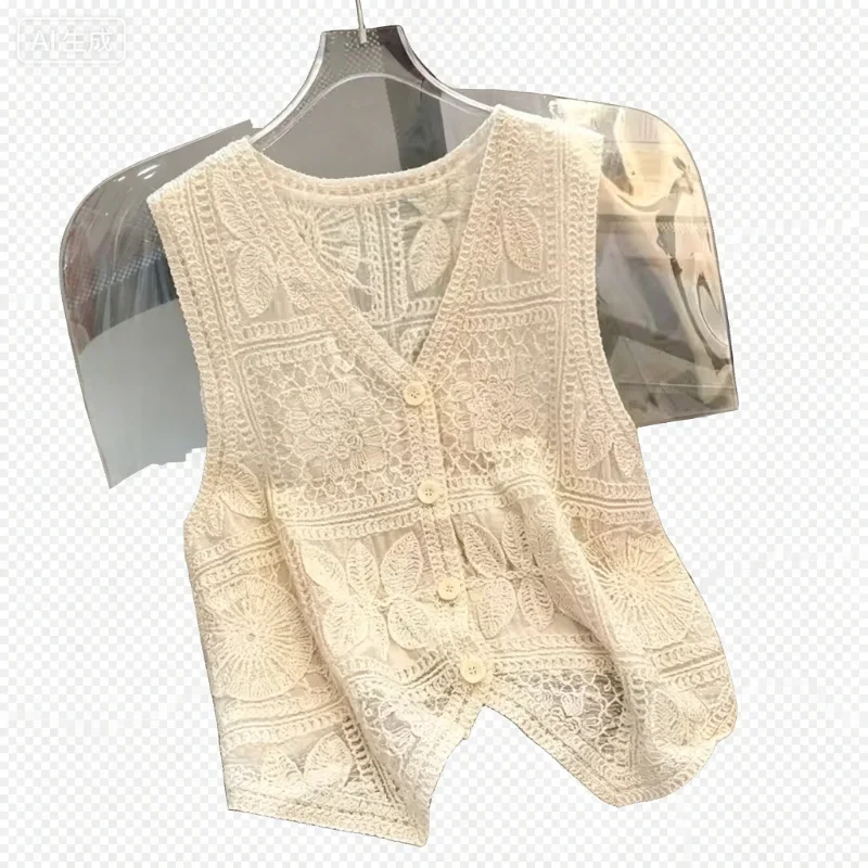 French Style Women Crochet Hollow Out V Neck Vest Cardigan Spring Autumn Knit Waistcoat Daily Casual Outerwear S-XXL