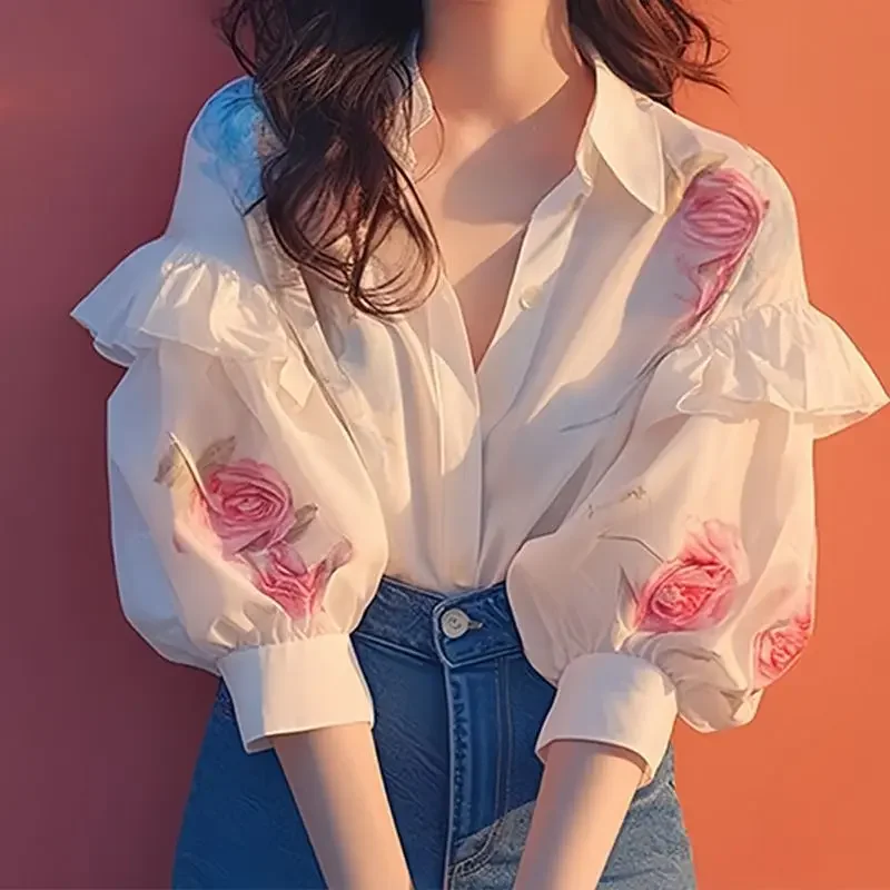 

Printing Ruffles Chiffon Elegant Shirt Tops Summer New Temperament Polo Neck Loose Fashion Blouse Korean Trend Women Clothing