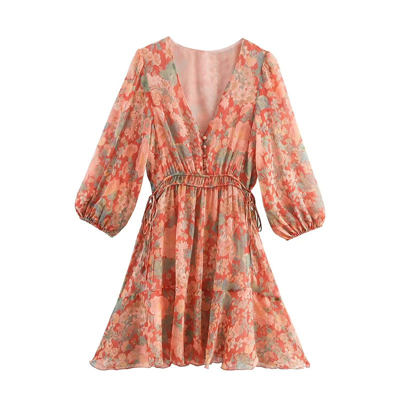 Nuove donne vintage manica a sbuffo scollo a V stampa floreale abito corto pizzo vita a-line autunno abiti casual abiti in chiffon