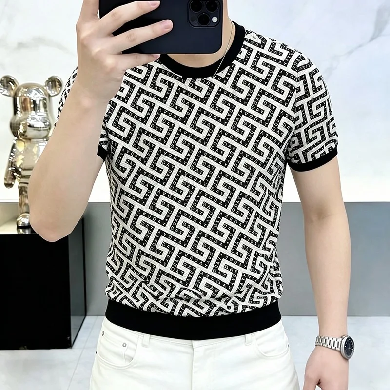 Brand Luxury Ice Silk Printed Short Sleeved T-shirt for Men Elastic Casual Social T-shirts Round Neck Business Social Base Shirt