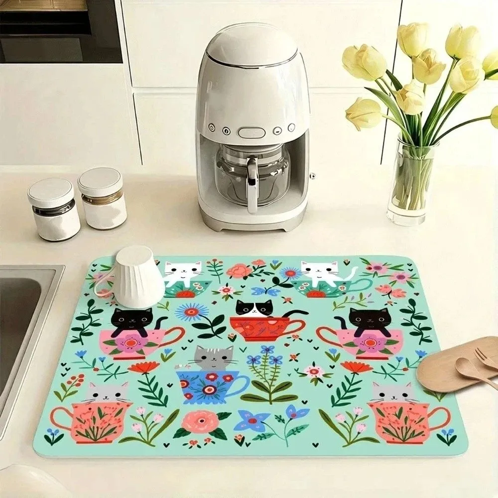 

Cartoon Cat Floral Coffee Machine Mat Anti-Slip Absorbent Dish Drying Mat Rectangular Sweet Kitchen Mat Countertop