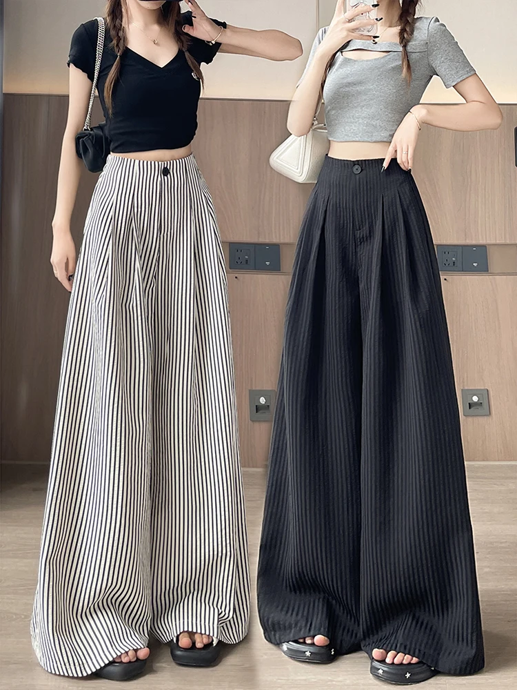 

Streetwear Stripe White Loose Women Trousers Straight Leg Draped Casual Basic Suit Pants Korean Style Outfits Bottoms