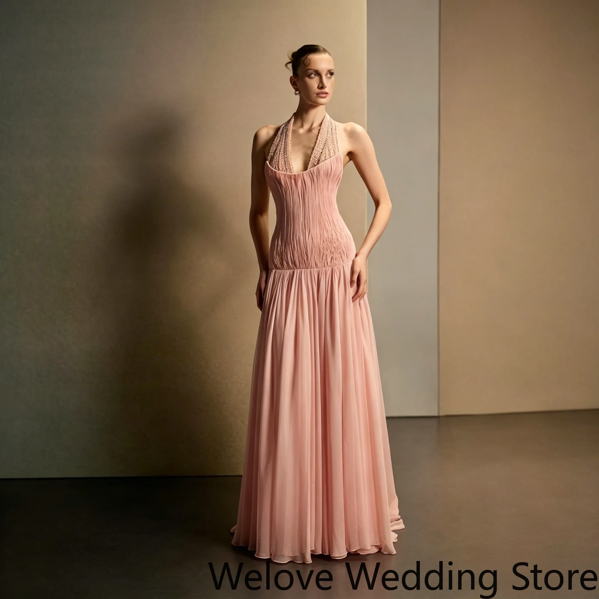 Pink Formal Evening Dresses Deep V Halter Neckline Decorated with Shining Rhinestones Ruched Textured Bodice Soft Pleated Flowy