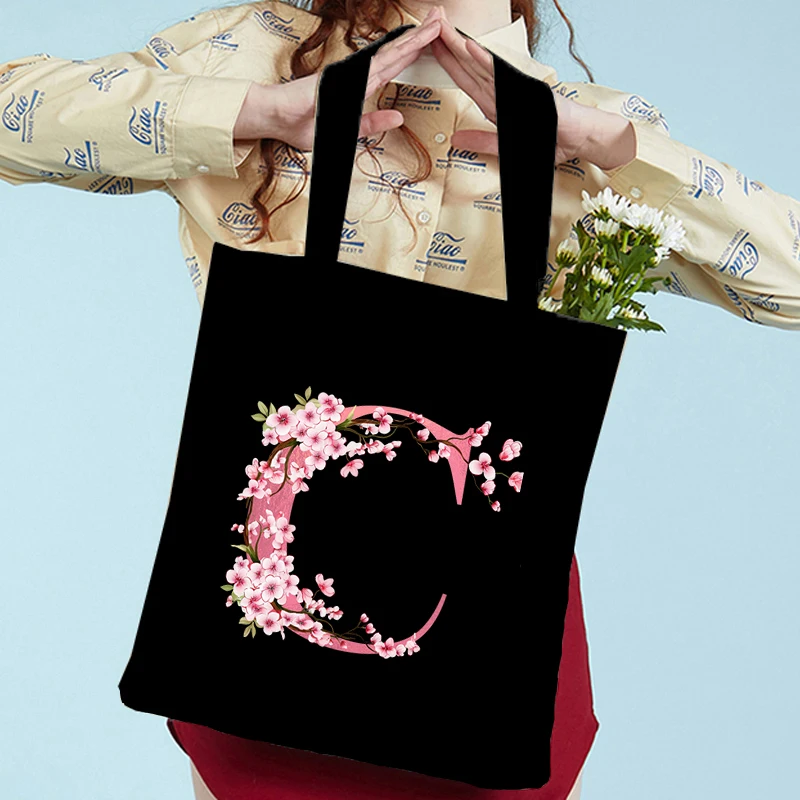 Pink Sakura Handbags Women Eco Reusable Tote Bag Cherry Blossom College Canvas Bag Vintage Sakura Alphabet Ladies Shoulder Bag