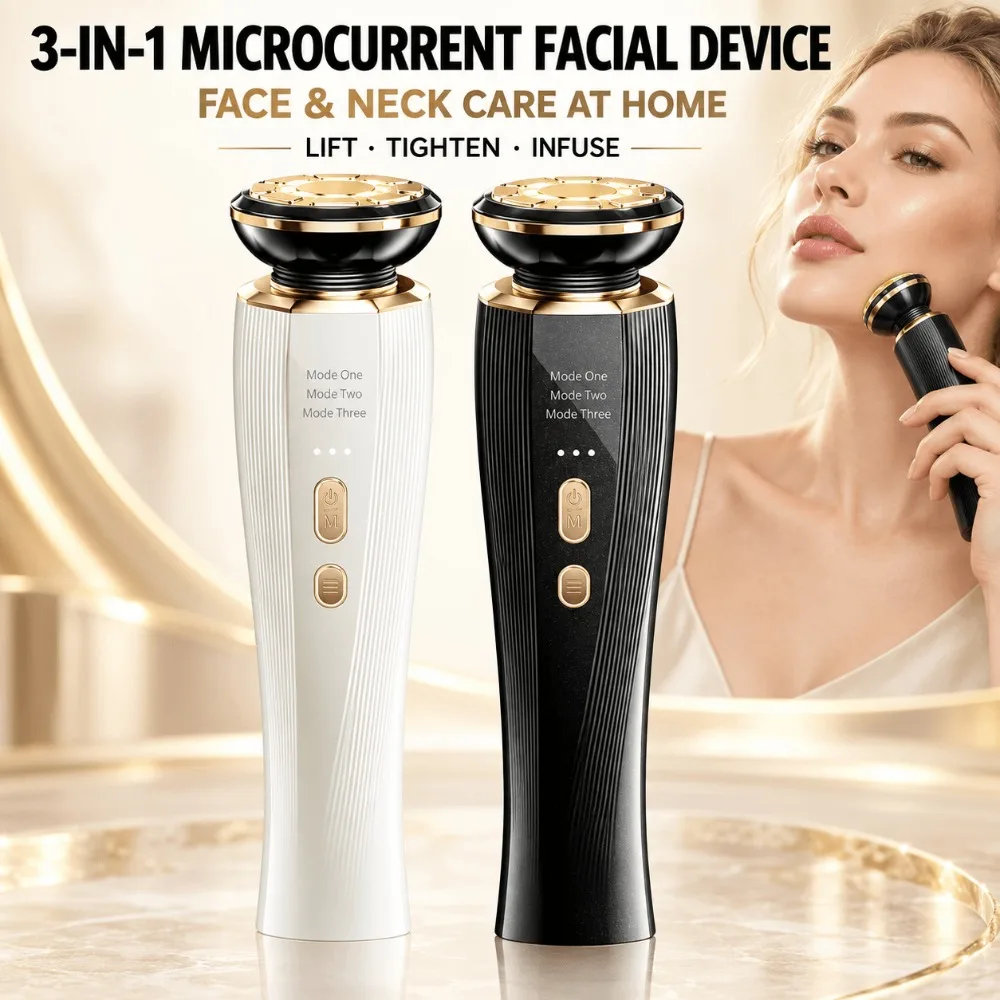 Red Light Microcurrent Facial Device 3 in 1 Face and Neck Beauty Massager USB Rechargeable Portable Home Skincare Tool for Women