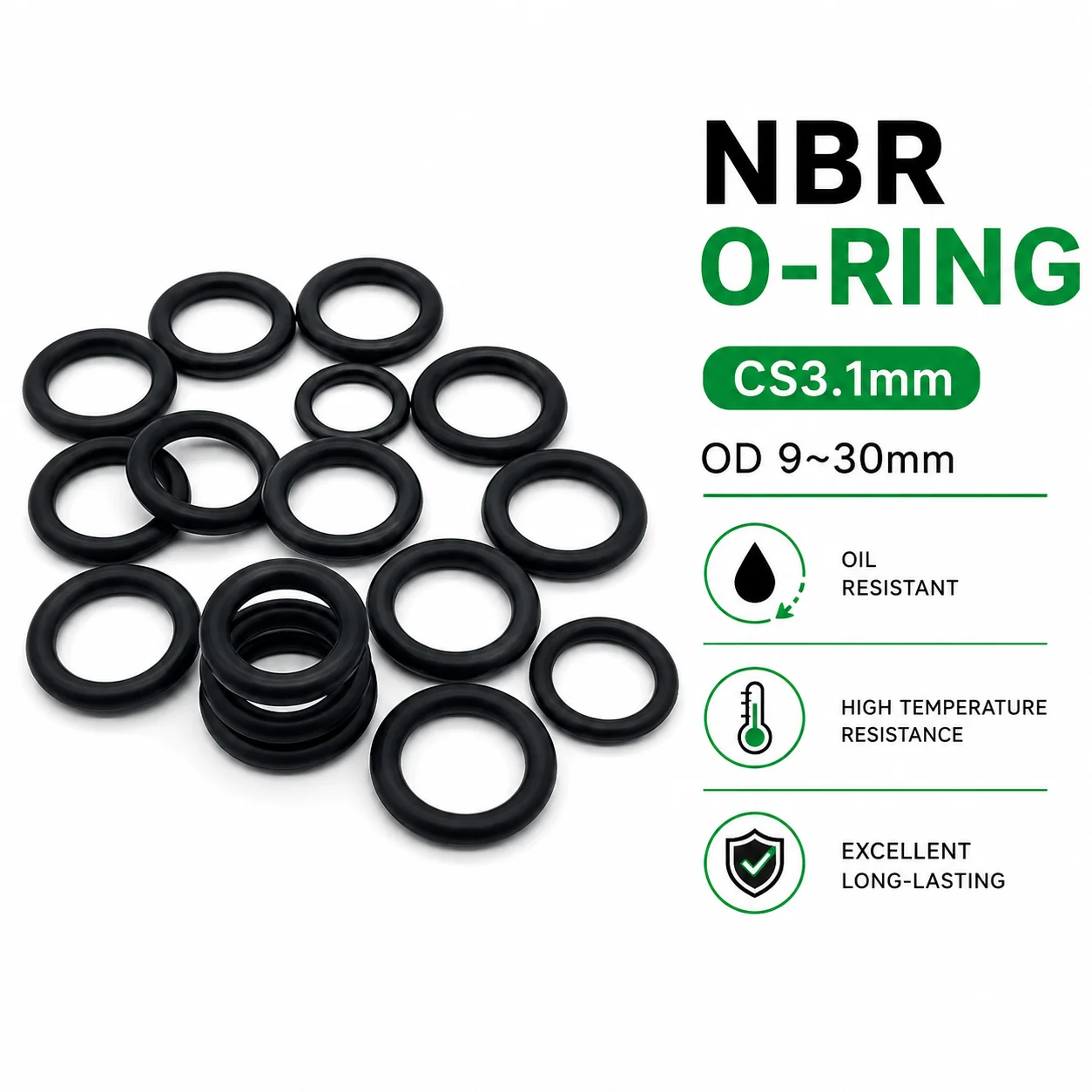 20 Pieces of Black NBR O-Ring CS 3.1mm, OD 9mm~30mm, Mechanical Equipment Pipeline Oil Resistant and Leak Proof Rubber Ring