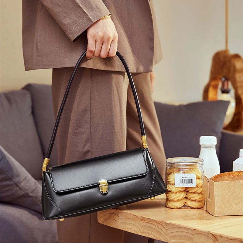 BURMINSA Genuine Leather Underarm Bag For Women Retro Cowhide Small Shoulder Bags Classic Office Commuter Purses Flap Handbags