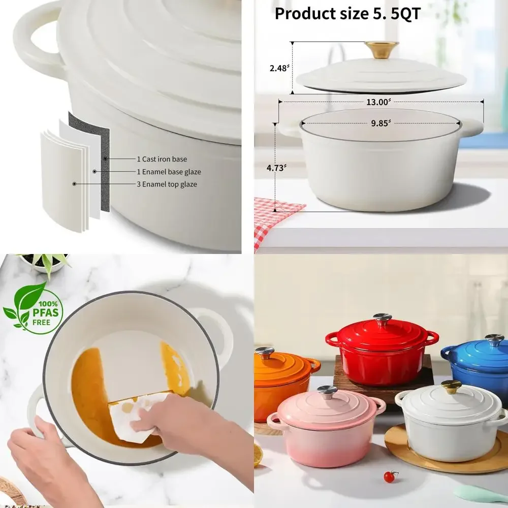 

Heavy-Duty 5.5QT Creamy White Enamel Cast Iron Dutch Oven for Baking, Braising, Stews, and Roasting, Oven-Safe to 500°F