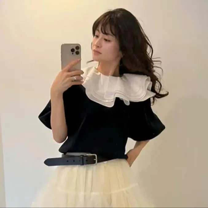 Japanese Style Detachable Layered Ruffle Collar Casual Color Block Pullover Shirt Girly Female Half Sleeve Cotton Sweatshirt Top