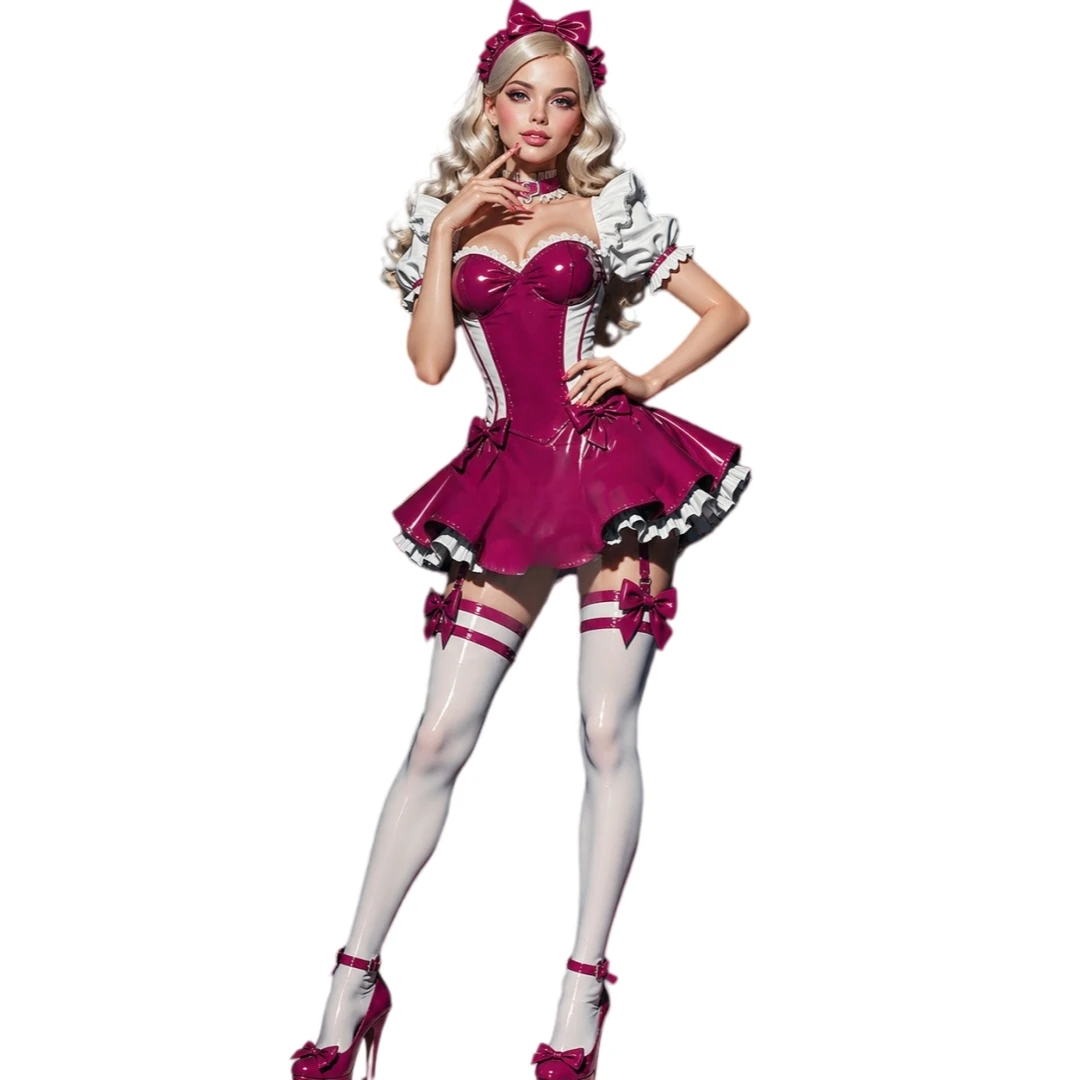 Glänzendes fuchsiafarbenes PVC-Korsett-Minikleid mit Puffärmeln und Schleifendekor, kurzes Cosplay-Partykostüm für besondere Anlässe, individuell anpassbar