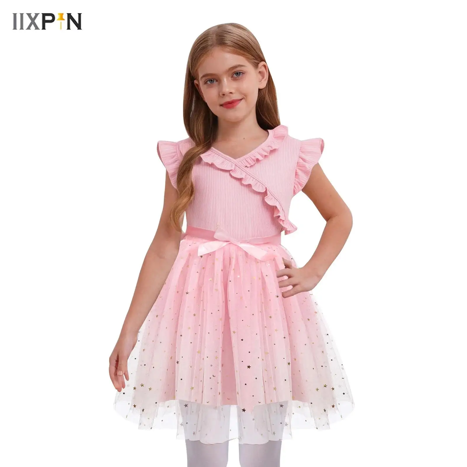 

Kids Girls Princess Dress Flutter-Sleeve Ruffles Trim Dress V-Neck Sequined Tulle Dresses for Wedding Birthday Party Dancewear