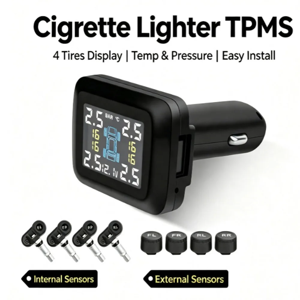 Cigarette Lighter TPMS Car Tire Pressure Monitoring System, Tyre Pressure & Temperature Alarm Gauge with 4 In/External Sensor