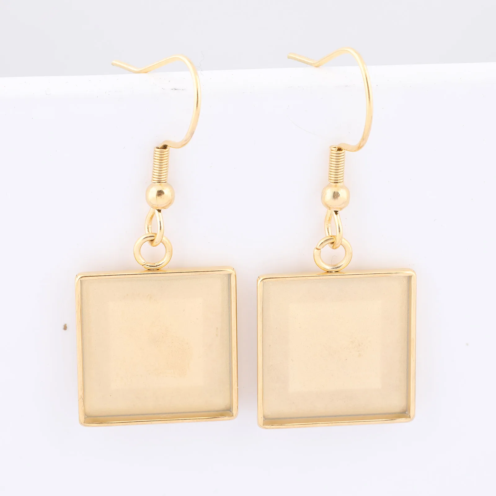 10pcs Stainless Steel Dangle Earring Base Blanks Fit 15mm Square Cabochon Bezel Settings Diy Ear Hooks Findings Gold Plated