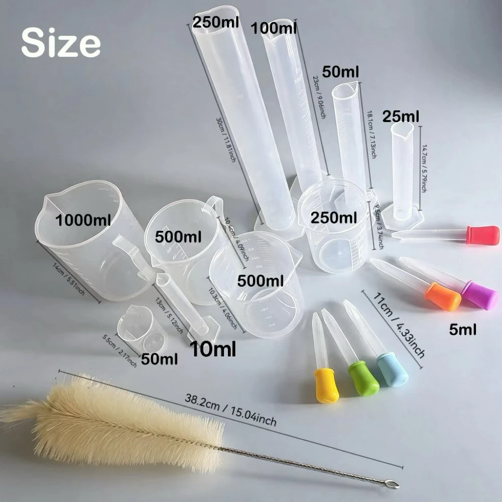 17Pcs Plastic Measuring Set Graduated Cylinders Beakers Droppers Brush Clear Scale Liquid Measuring Tool for School Science DIY