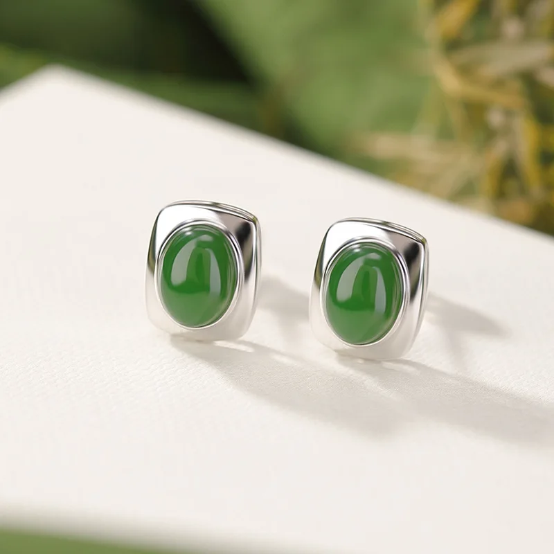 

S925 Sterling Silver Hetian Bi Jade Cabochon Square Geometric Earrings