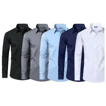 

Slim Fit Men's Clothing Solid Color Minimalist Business Casual Long Sleeve Shirt For Men Polyester Thin Fabric Square Collar