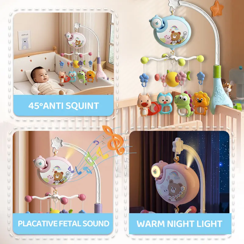 Musical Baby Crib Mobile Toy Projector Night Light Sensory Hanging Rattles for Newborn Infant Stroller