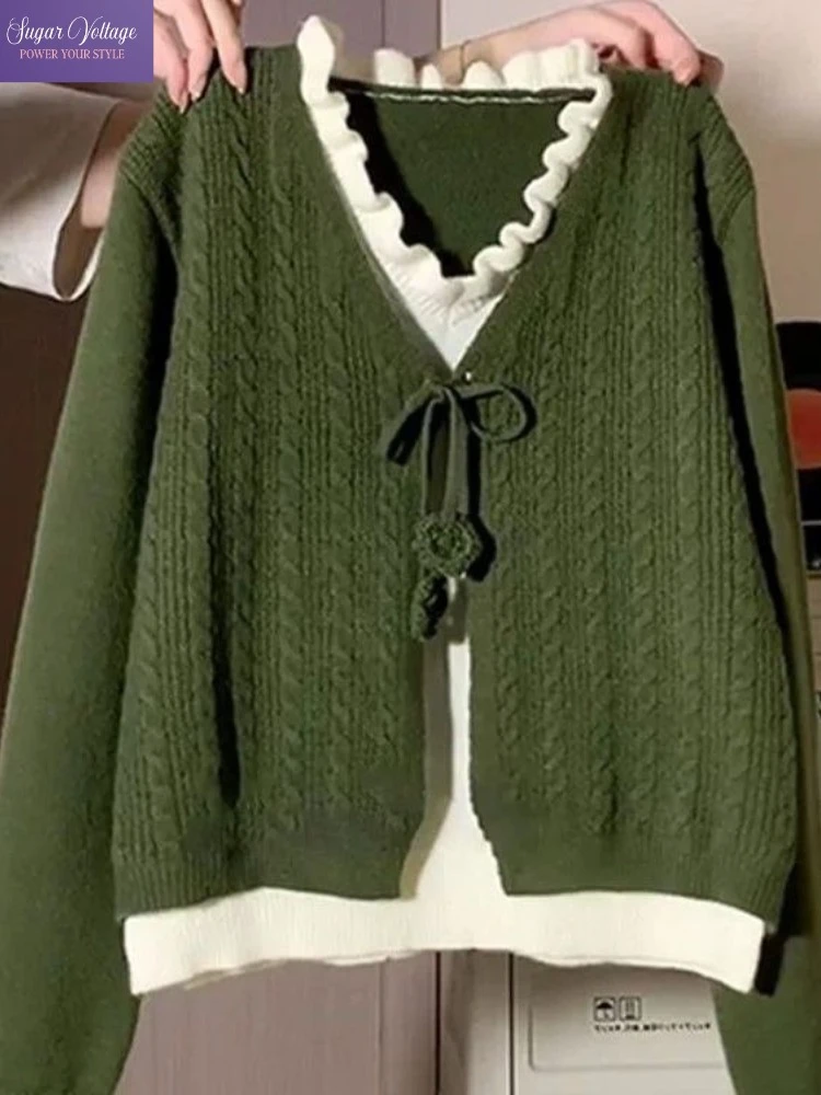 

Японский милый вязаный кардиган в стиле ретро с v-образным вырезом, женский осенне-зимний контрастный лоскутный вязаный мягкий свитер, топ, кавайный наряд