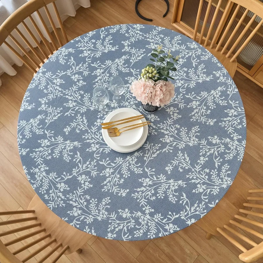 

Round Fitted Vinyl Tablecloth with Flannel Backing Light Wash Denim Fits 4044 Diameter Tables Elastic Edge Waterproof Table Clo