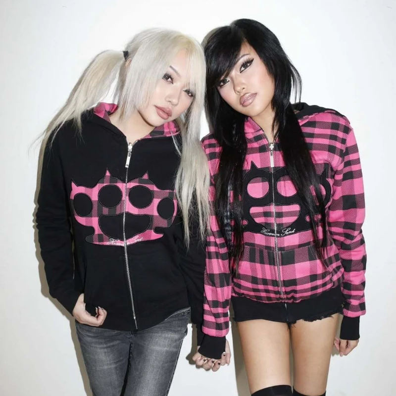 Harajuku Punk Style Letter Embroidery Sticker Hoodie Long Sleeved Zipper Double-Sided Outerwear Street Trend Personality Clothin