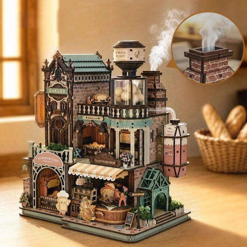 DIY 3D Wooden Bakery Store Can Move Cottage Jigsaw Puzzles Miniature Model Kits Mini Casa for Friends Birthday Gifts