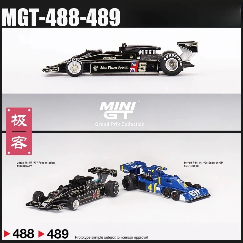 1:64 # 488 y 489 Loto 78 # 5 1977 y Tyrrell P34 # 4 modelos de coches de simulación en miniatura final de aleación 1976, en stock, juguetes para niños