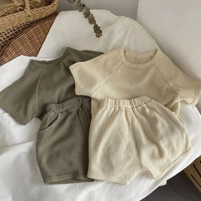 Summer Baby Clothes Kids Solid Color Waffle Suit Boys Tee and Shorts 2Pcs Set Girls Loose All-match Outfits