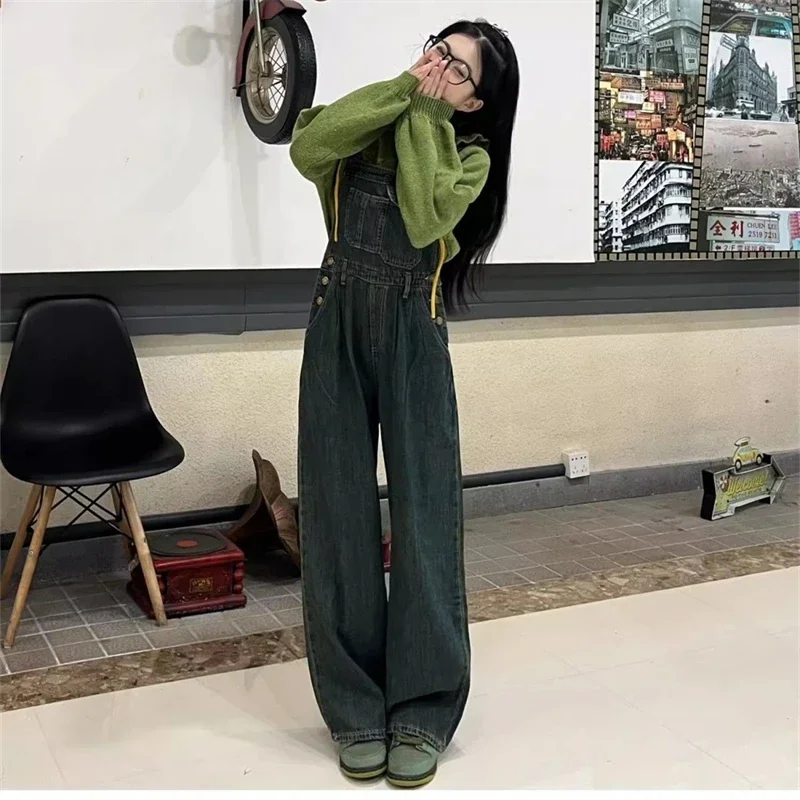 Women\'s Vintage Blue Denim Overalls Fashion Wide Leg Suspender Jumpsuits Pants Female Streetwear Rompers Straight Trouser