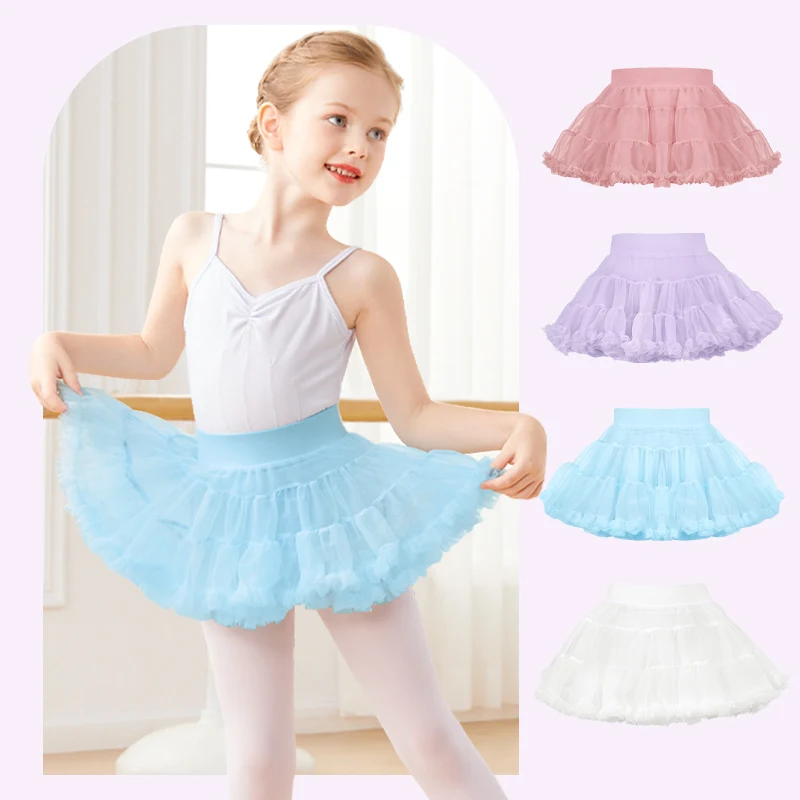 Girls Ballet Skirts with Lining Cute Bustier Skirt Knee Skirt Mesh Nylon Solid Color Fluffy Tulle 2 Layers Ballet Tutu Skirt