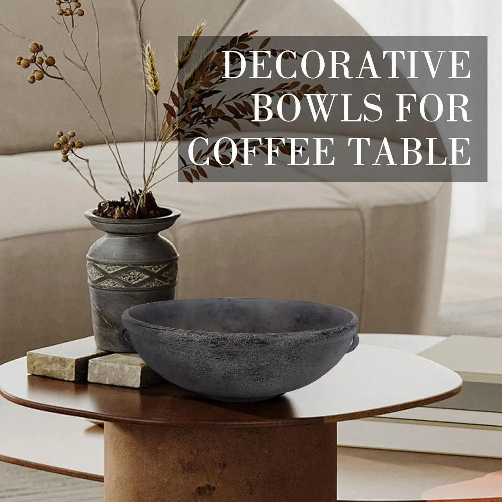 grande ciotola decorativa in resina con accenti ad anello laterale – aspetto terracotta nero laccato bianco, ciotola rustica per la cucina