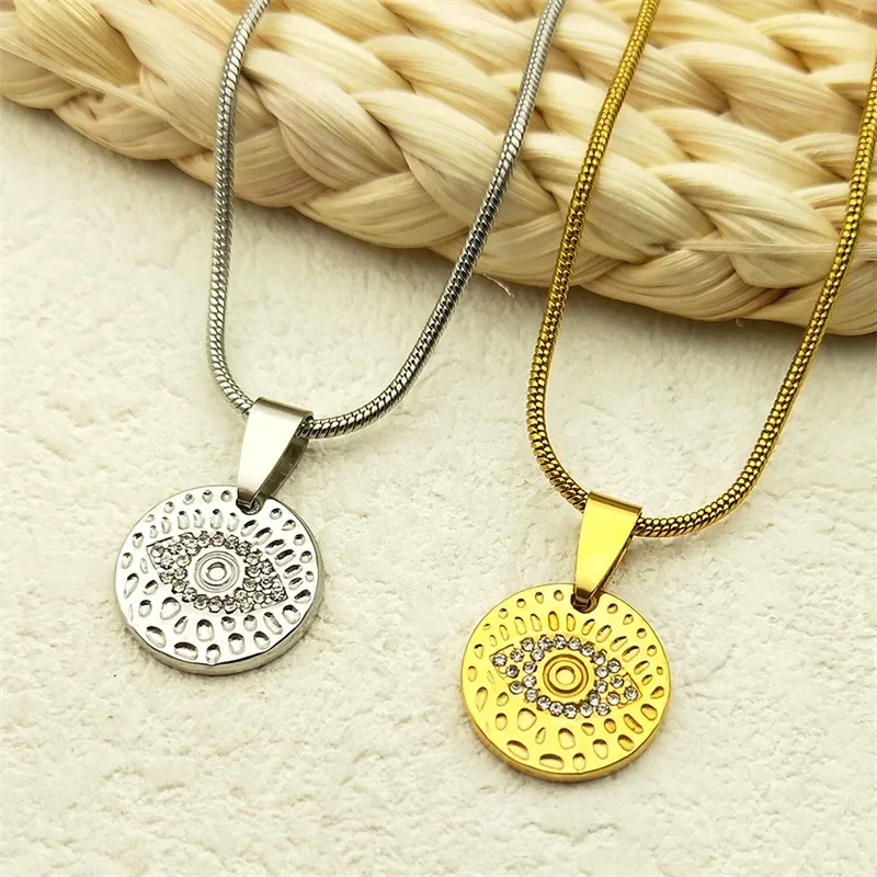 Creative Evil Eye Pendant Necklace For Women Men Stainless Steel Rhinestone Gold Silver Color Lucky Amulet Chain Jewelry