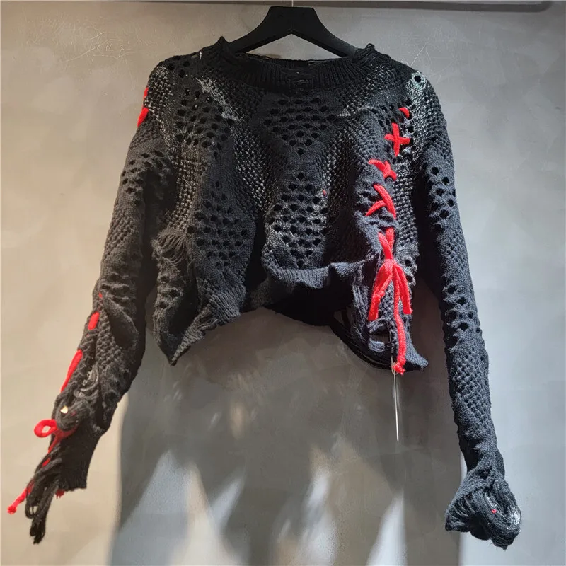 WTHT العصرية المرأة التباين اللون متماسكة الجوف خارج سترة قصيرة 2025 الخريف موضة س الرقبة طويلة الأكمام البلوفرات الإناث 1LS2584 #2