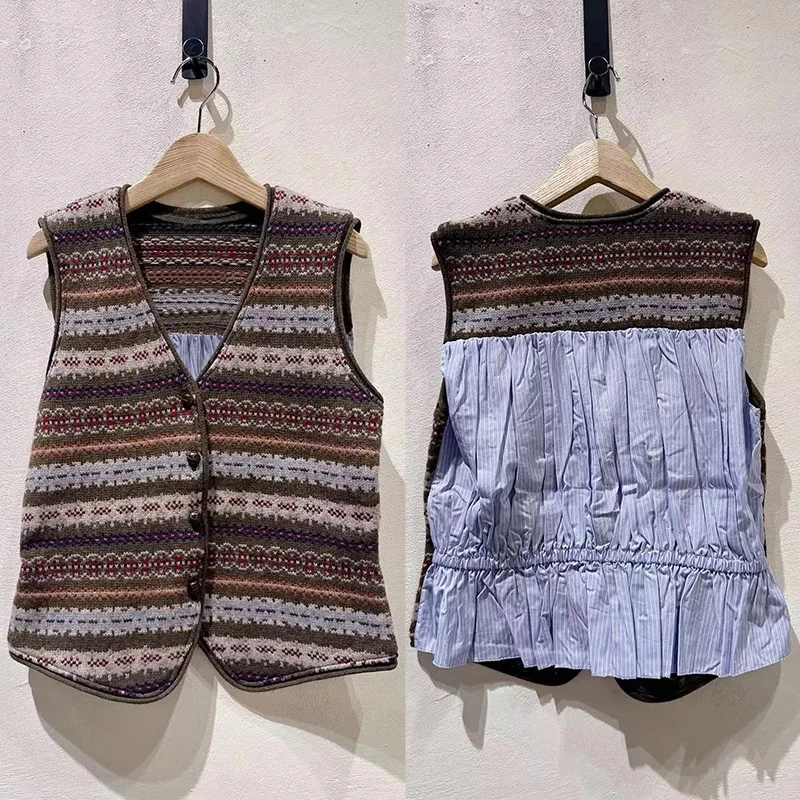 

【Gift Free】2026 Spring Summer Luxury Jacquard Knit Vest Women V-Neck Single Button Waist Stripe Back Patchwork Top