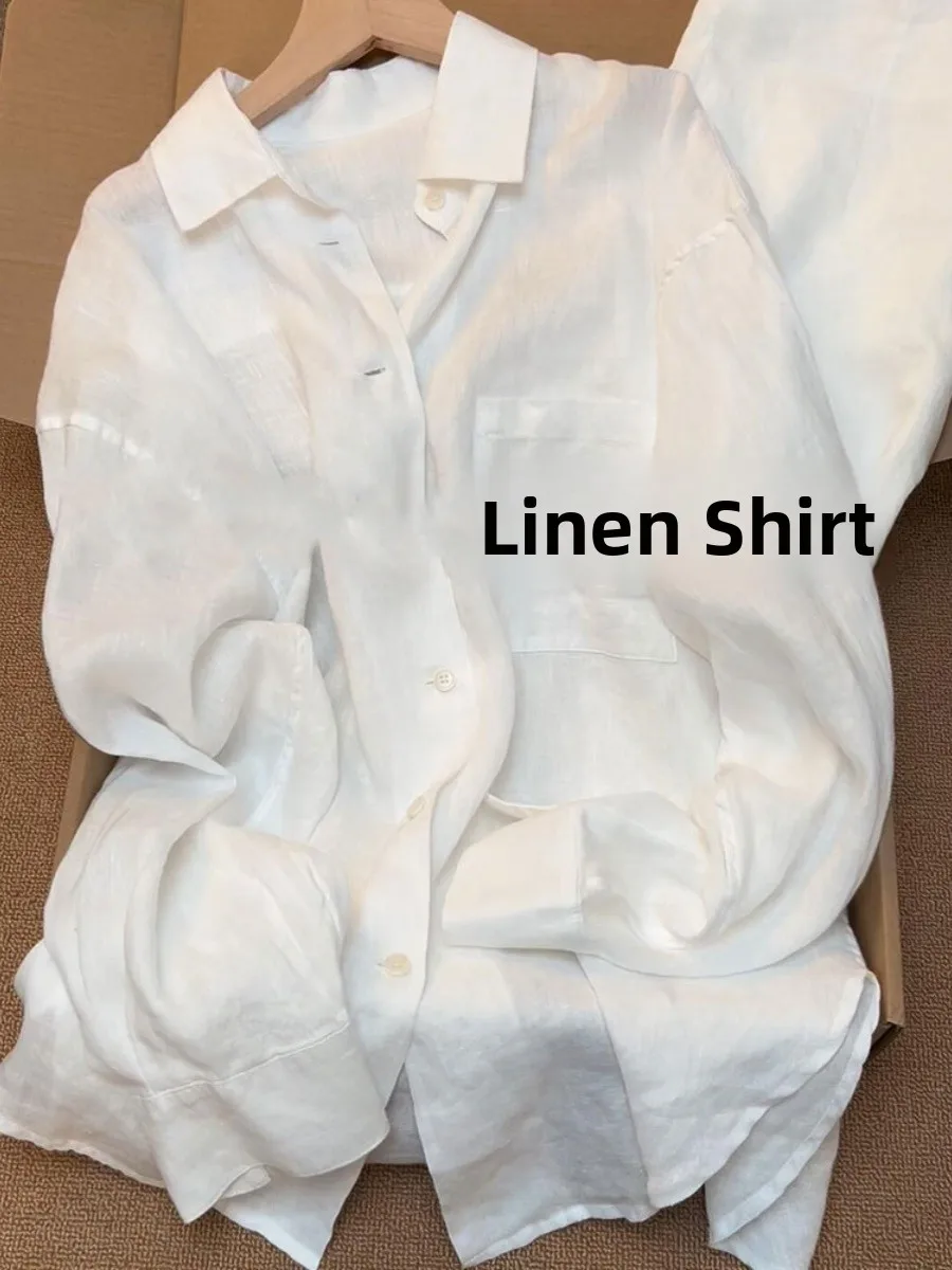 

White Lightweight Summer Shirt Women's Loose Fit Sun Protection Lazy Style Open Cardigan Outerwear Short Sleeve Collar