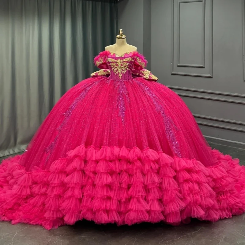 

Rose Red Shiny Quinceanera Dresses Ball Gown Off Shoulder Applique Beading Crystal Bow Tiered Tull Birthday Payty Sweet 16 Dress