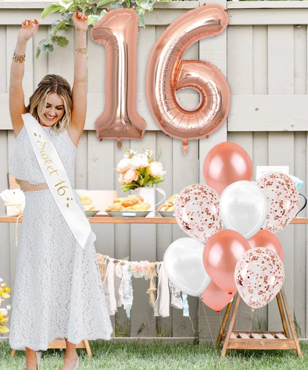 Dekorationen zum 16. Geburtstag für Mädchen, süßer 16-Kuchenaufsatz und Satinschärpe, 16-Konfetti-Luftballons in Roségold und Geburtstagsbanner – Detail 3