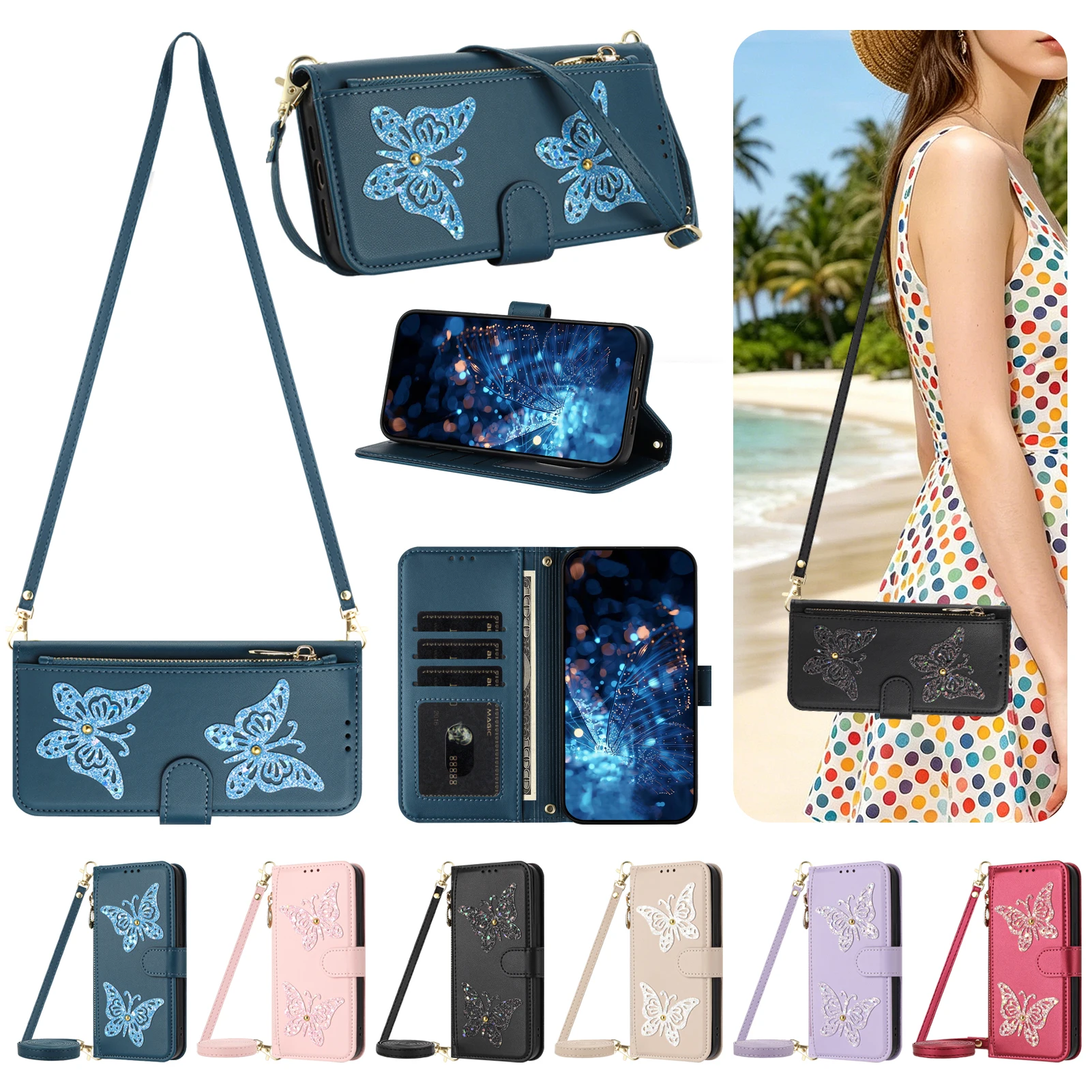 Étui de téléphone en cuir à rabat avec motif papillon scintillant pour Google Pixel 11 10 Pro XL 9 Pro 10A avec sangle longue bandoulière et fentes pour cartes
