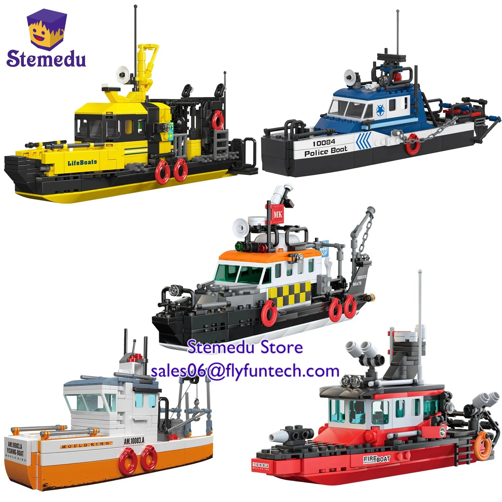 

Mould King MOC City Creative Lifeboat Fireboat Figures Building Block Ocean Rescue Ship Fishing Police Boat Model Bricks Gift
