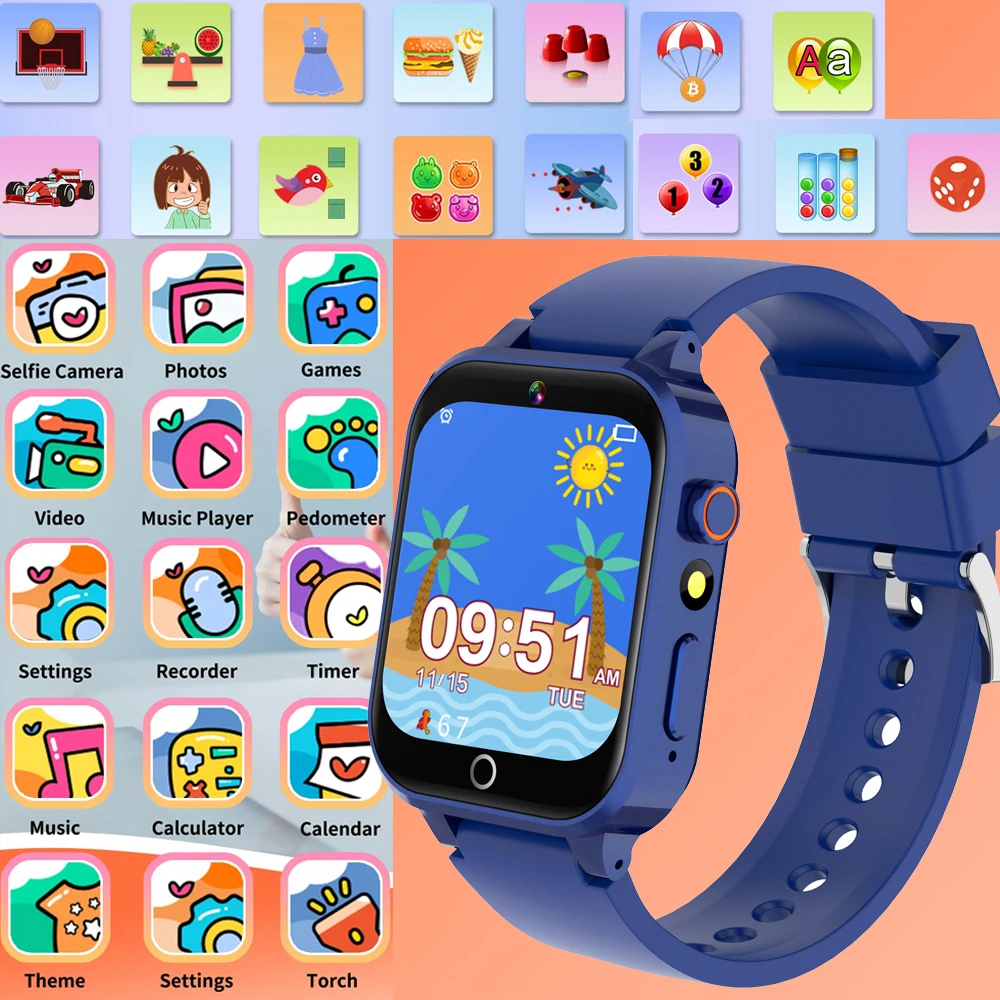 Kids Smart Watch 26 Games Touch Screen Camera Pedometer Video Music MP3 Alarm Clock Audiobooks Habit Track Children Toys Gifts