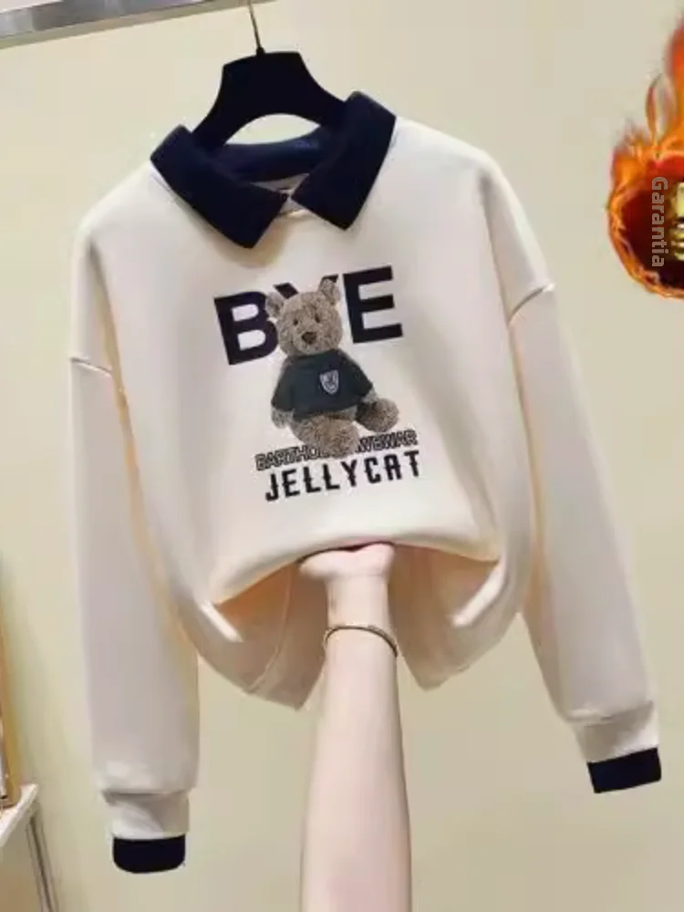 冬用ブルーフリース裏地付き厚手ルーズレディーススウェットシャツ襟付きシャツ女性用アクセサリー多用途スモールサイズトップス