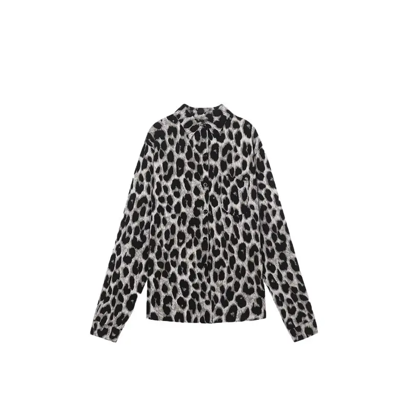 Explosive Street Fashionable Leopard Pattern Long Sleeved Chiffon Shirt for Women Spring Autumn New Retro Mid Length Casual Top