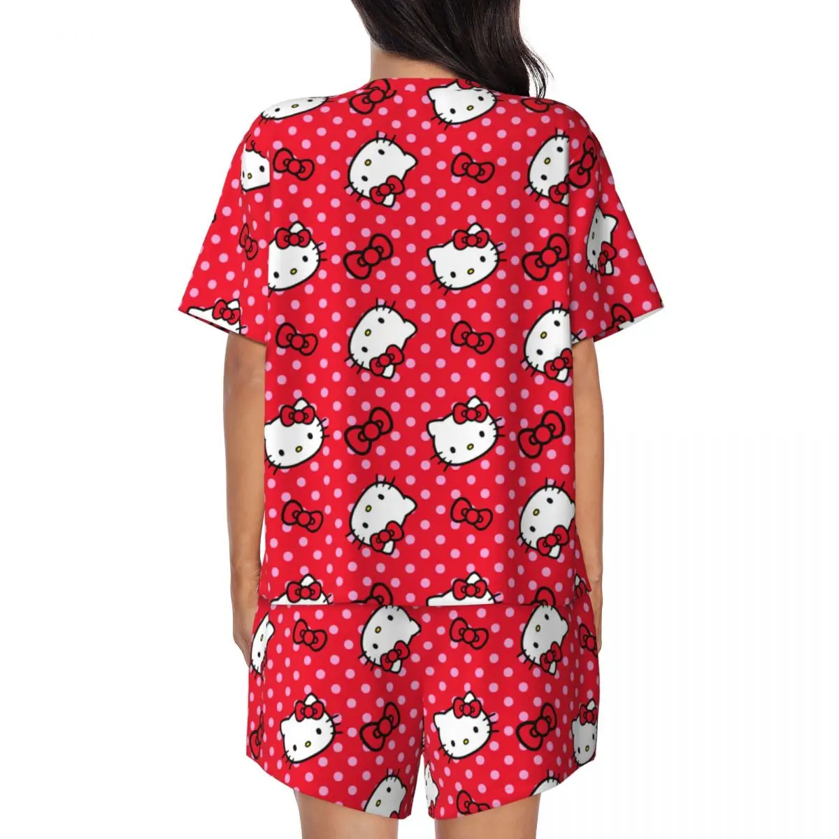 Desenhos animados Anime Pijama Conjunto para Mulheres, Hello Kitty Bow, Pijamas de manga curta, Loungewear, 2 Piece Pjs